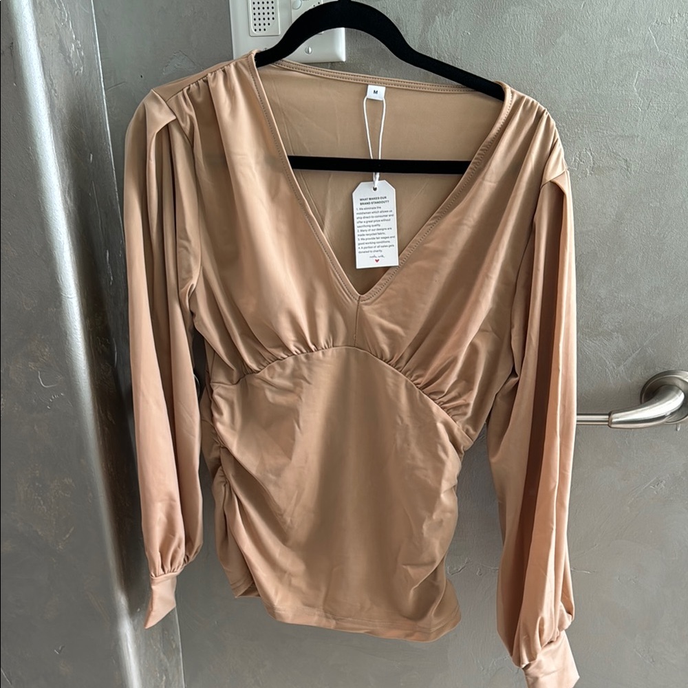 Tan Ruched Wrap Blouse with Long Sleeves